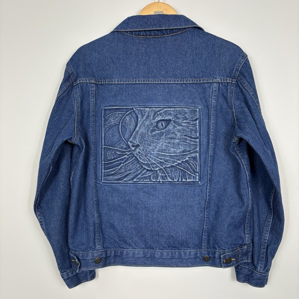 Vtg TYCA Denim Jacket Cat Embossed Mens Small Cotton Made in USA Med Wash